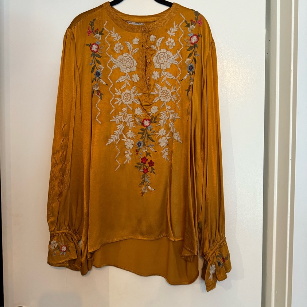Johnny Was Mustard Floral Embroidered Blouse